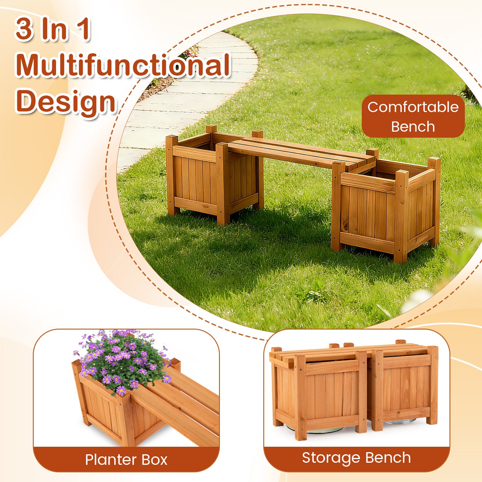 3-in-1 Outdoor Planter Box with Bench 2-Person Outdoor Bench with 2 Side Garden Beds, Orange Raised Garden Beds at Gallery Canada