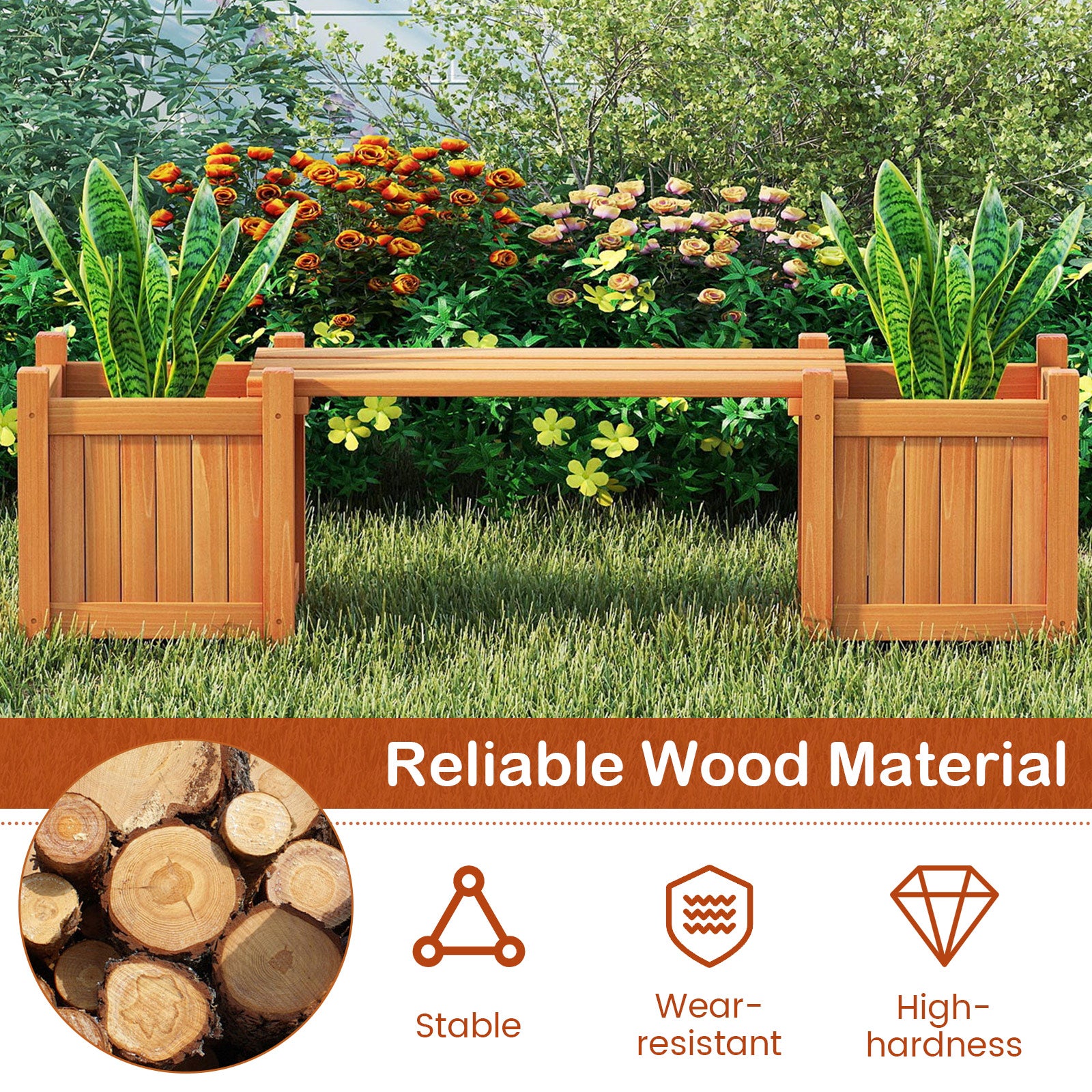 3-in-1 Outdoor Planter Box with Bench 2-Person Outdoor Bench with 2 Side Garden Beds, Orange Raised Garden Beds at Gallery Canada