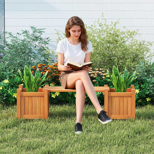 3-in-1 Outdoor Planter Box with Bench 2-Person Outdoor Bench with 2 Side Garden Beds, Orange