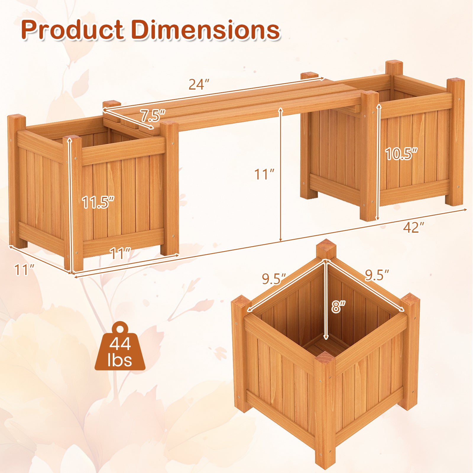 3-in-1 Outdoor Planter Box with Bench 2-Person Outdoor Bench with 2 Side Garden Beds, Orange Raised Garden Beds at Gallery Canada