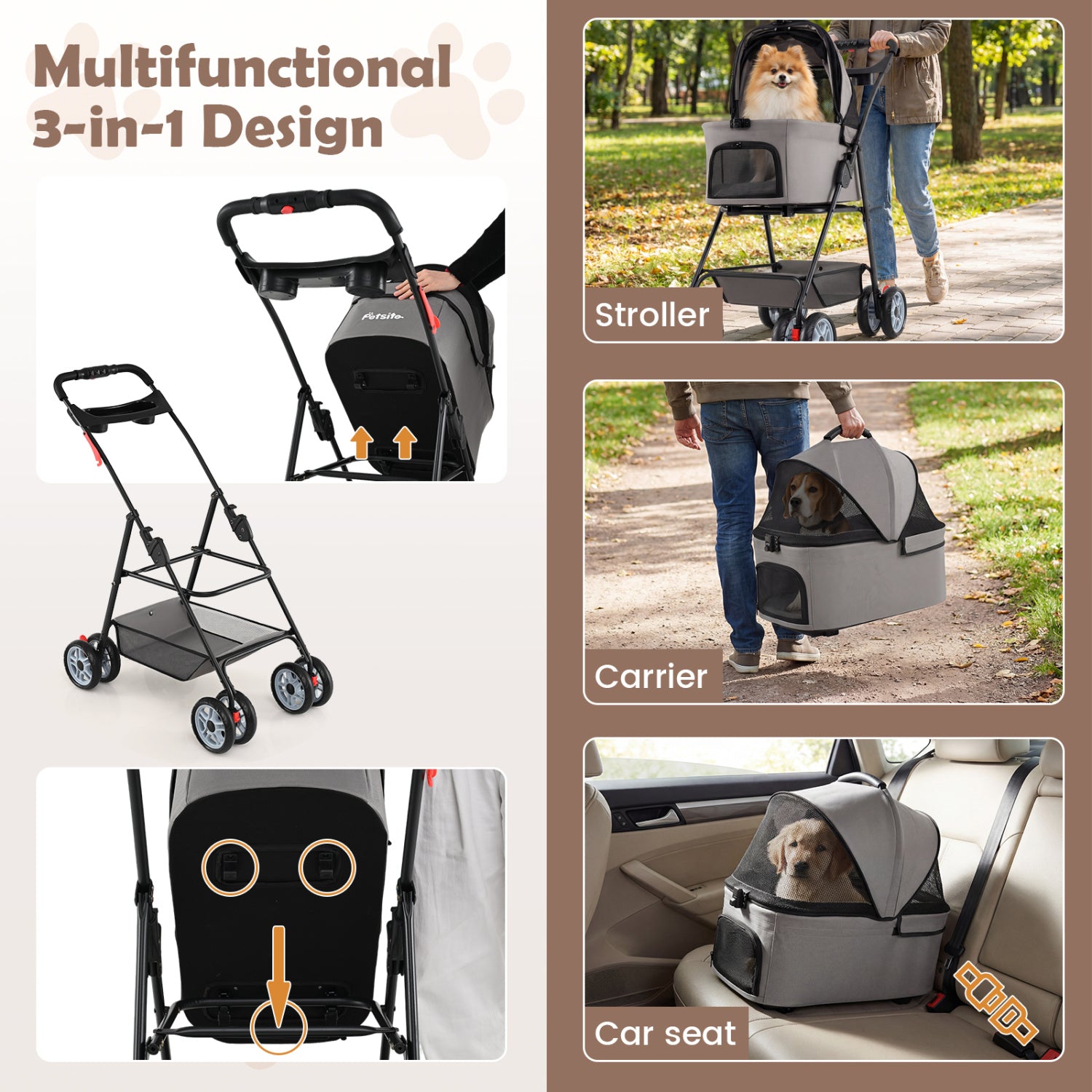 3 In 1 Pet Stroller, Removable Carrier, 33 Lbs, Gray Dog Supplies at Gallery Canada