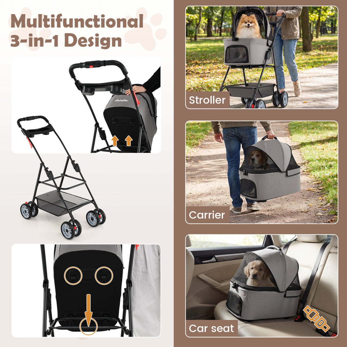 3 In 1 Pet Stroller, Removable Carrier, 33 Lbs, Gray Dog Supplies at Gallery Canada