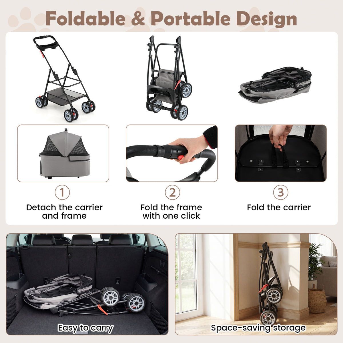 3 In 1 Pet Stroller, Removable Carrier, 33 Lbs, Gray Dog Supplies at Gallery Canada