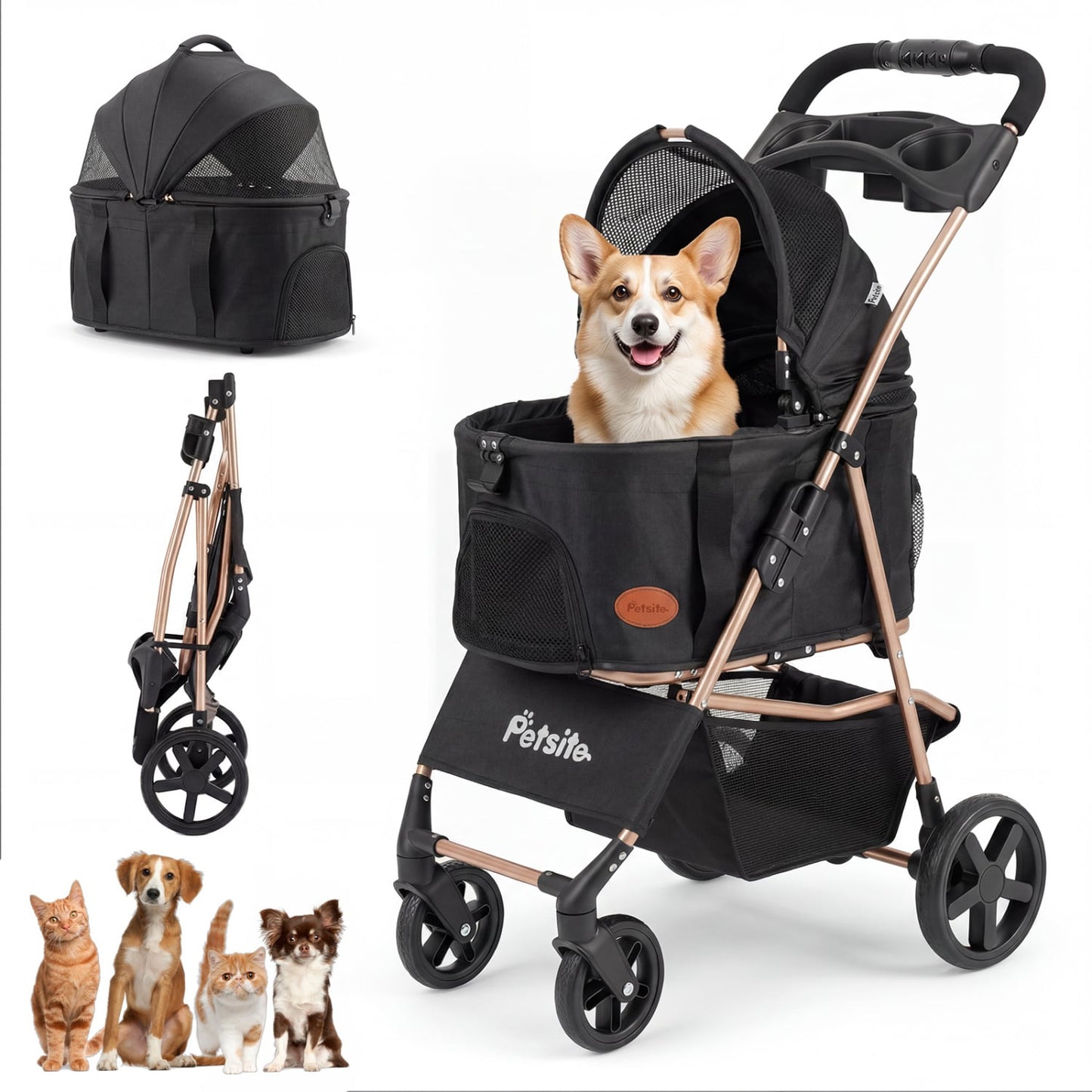 3-in-1 Pet Stroller for Small Medium Dogs Foldable with Detachable Carrier, Black