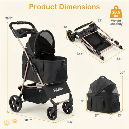 3-in-1 Pet Stroller for Small Medium Dogs Foldable with Detachable Carrier, Black