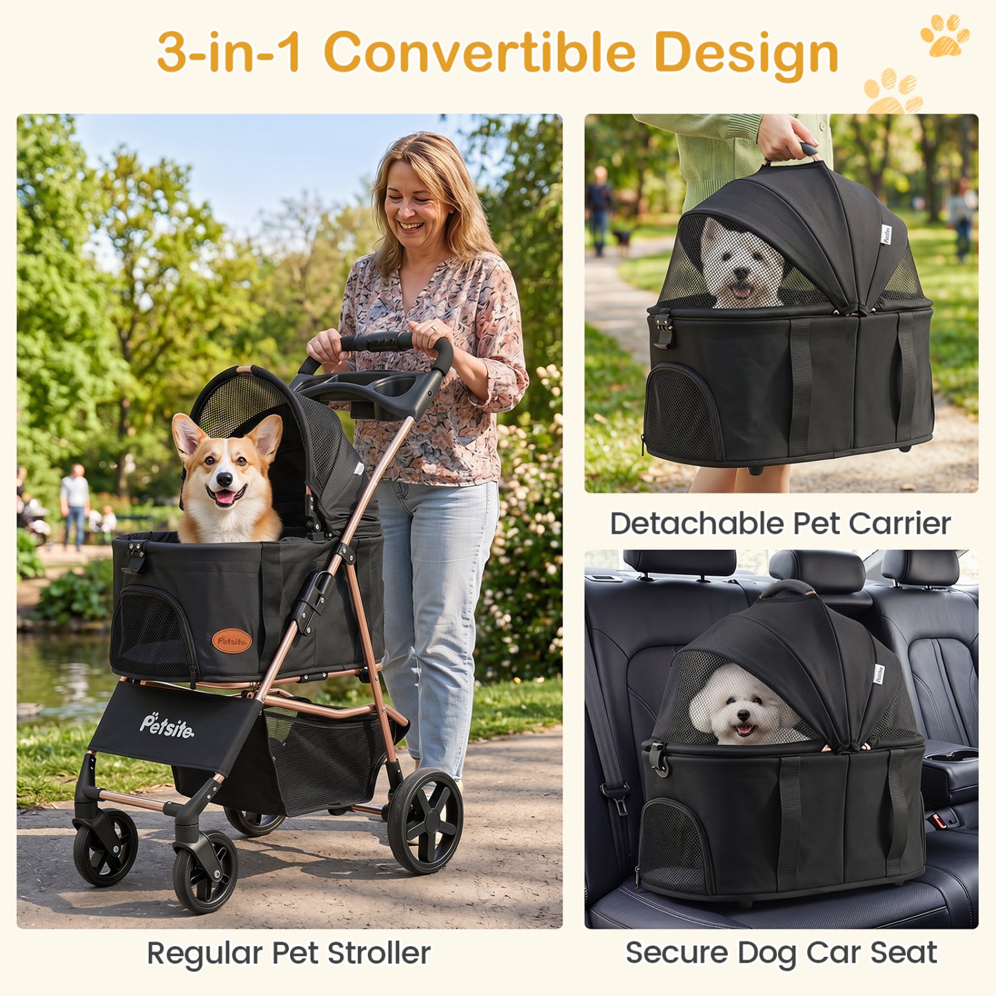 3-in-1 Pet Stroller for Small Medium Dogs Foldable with Detachable Carrier, Black