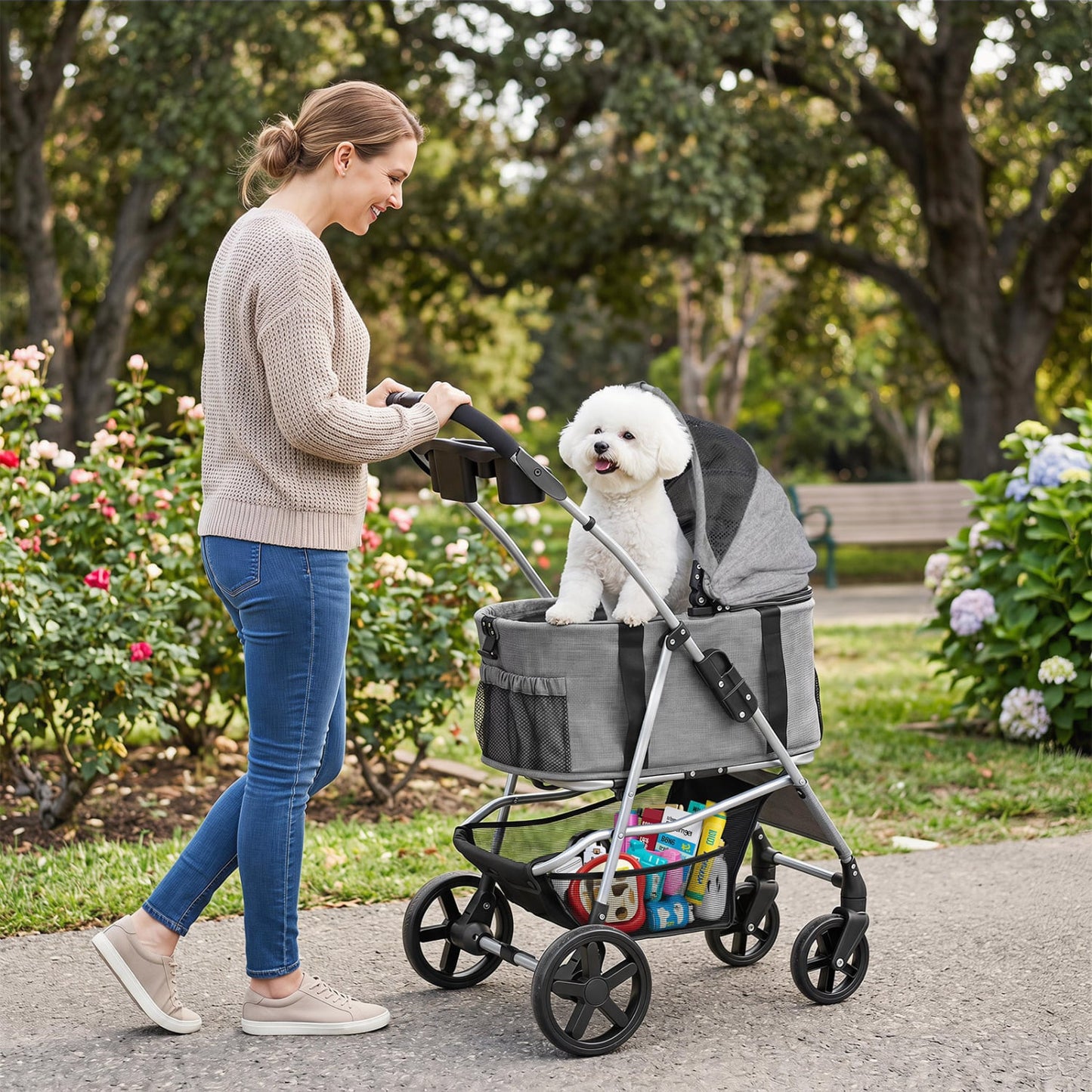 3-in-1 Pet Stroller for Small Medium Dogs Foldable with Detachable Carrier, Gray