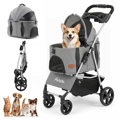 3-in-1 Pet Stroller for Small Medium Dogs Foldable with Detachable Carrier, Gray