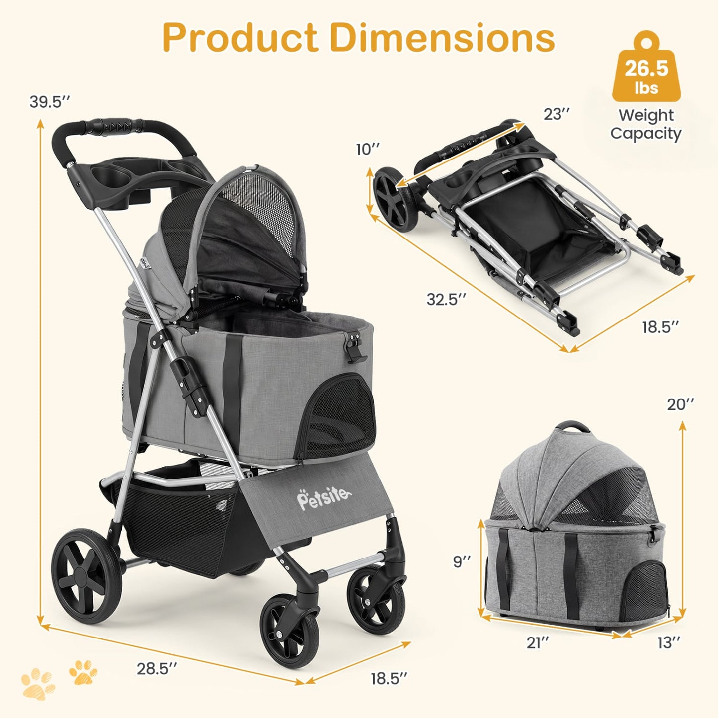 3-in-1 Pet Stroller for Small Medium Dogs Foldable with Detachable Carrier, Gray