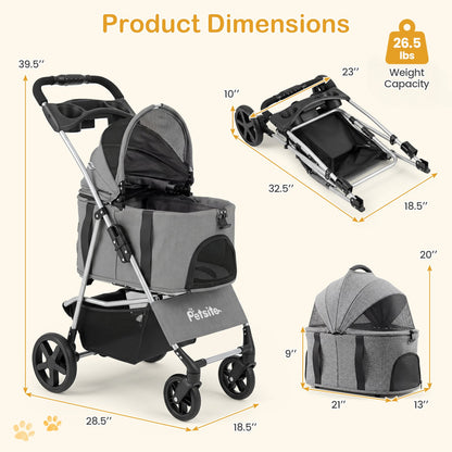 3-in-1 Pet Stroller for Small Medium Dogs Foldable with Detachable Carrier, Gray