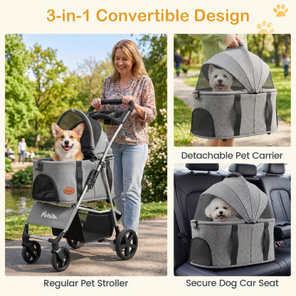 3-in-1 Pet Stroller for Small Medium Dogs Foldable with Detachable Carrier, Gray