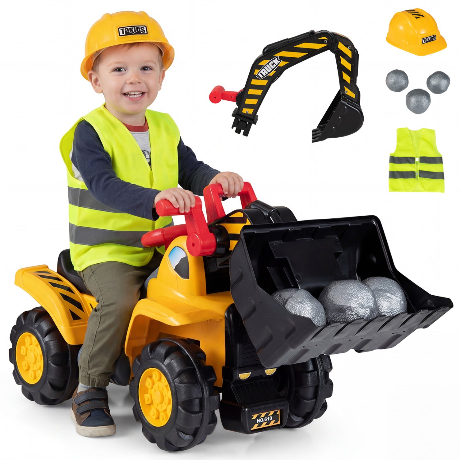 3-in-1 Ride on Excavator Bulldozer Detachable with Engine Sound and Helmet, Yellow Push & Pedal Ride On Toys at Gallery Canada