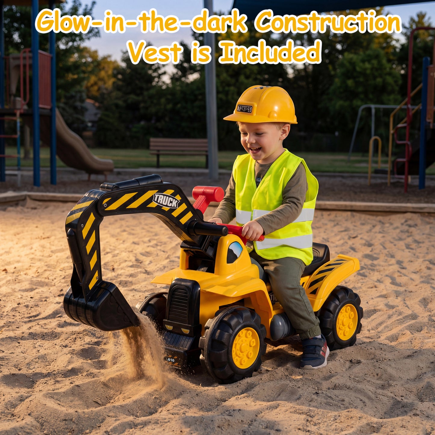 3-in-1 Ride on Excavator Bulldozer Detachable with Engine Sound and Helmet, Yellow Push & Pedal Ride On Toys at Gallery Canada