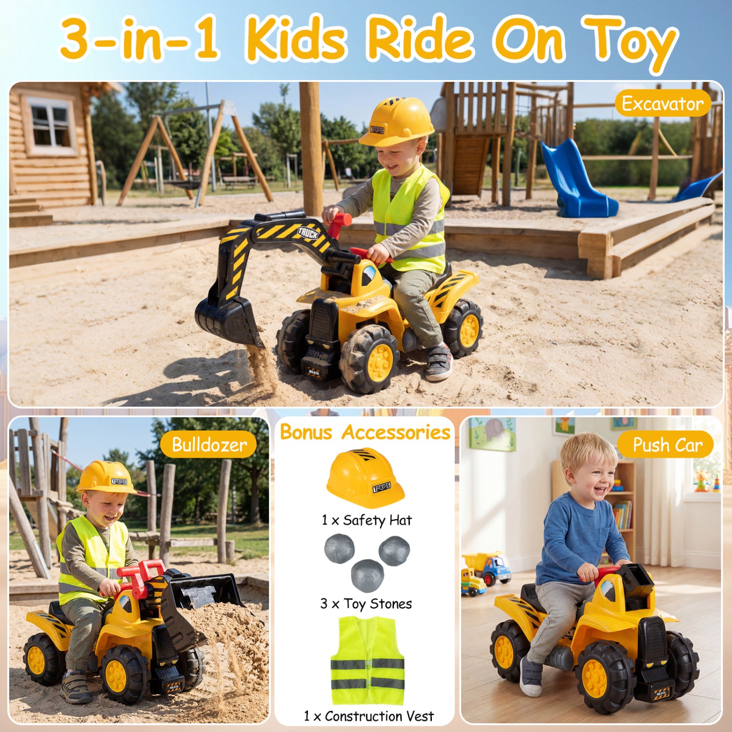 3-in-1 Ride on Excavator Bulldozer Detachable with Engine Sound and Helmet, Yellow Push & Pedal Ride On Toys at Gallery Canada