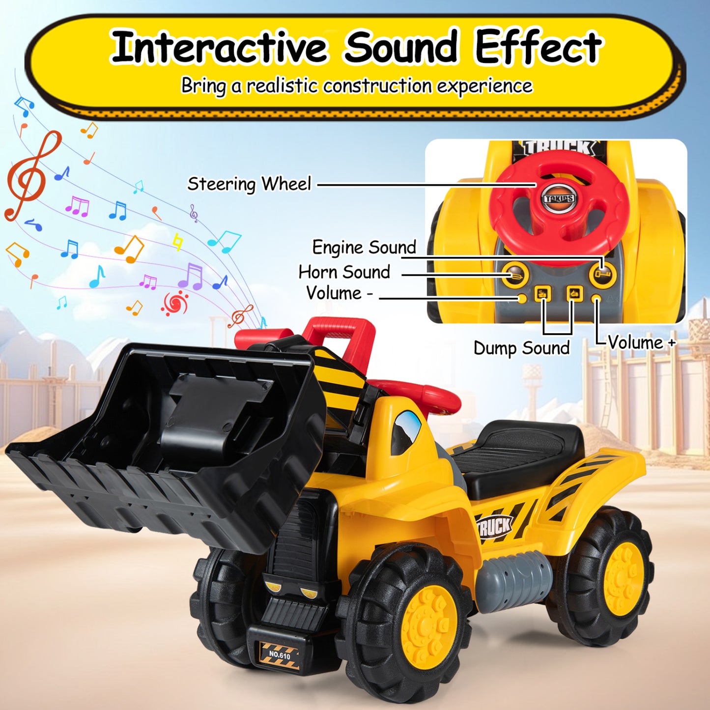 3-in-1 Ride on Excavator Bulldozer Detachable with Engine Sound and Helmet, Yellow Push & Pedal Ride On Toys at Gallery Canada