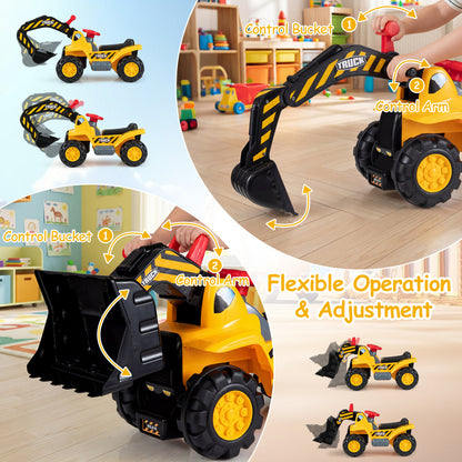 3-in-1 Ride on Excavator Bulldozer Detachable with Engine Sound and Helmet, Yellow Push & Pedal Ride On Toys at Gallery Canada