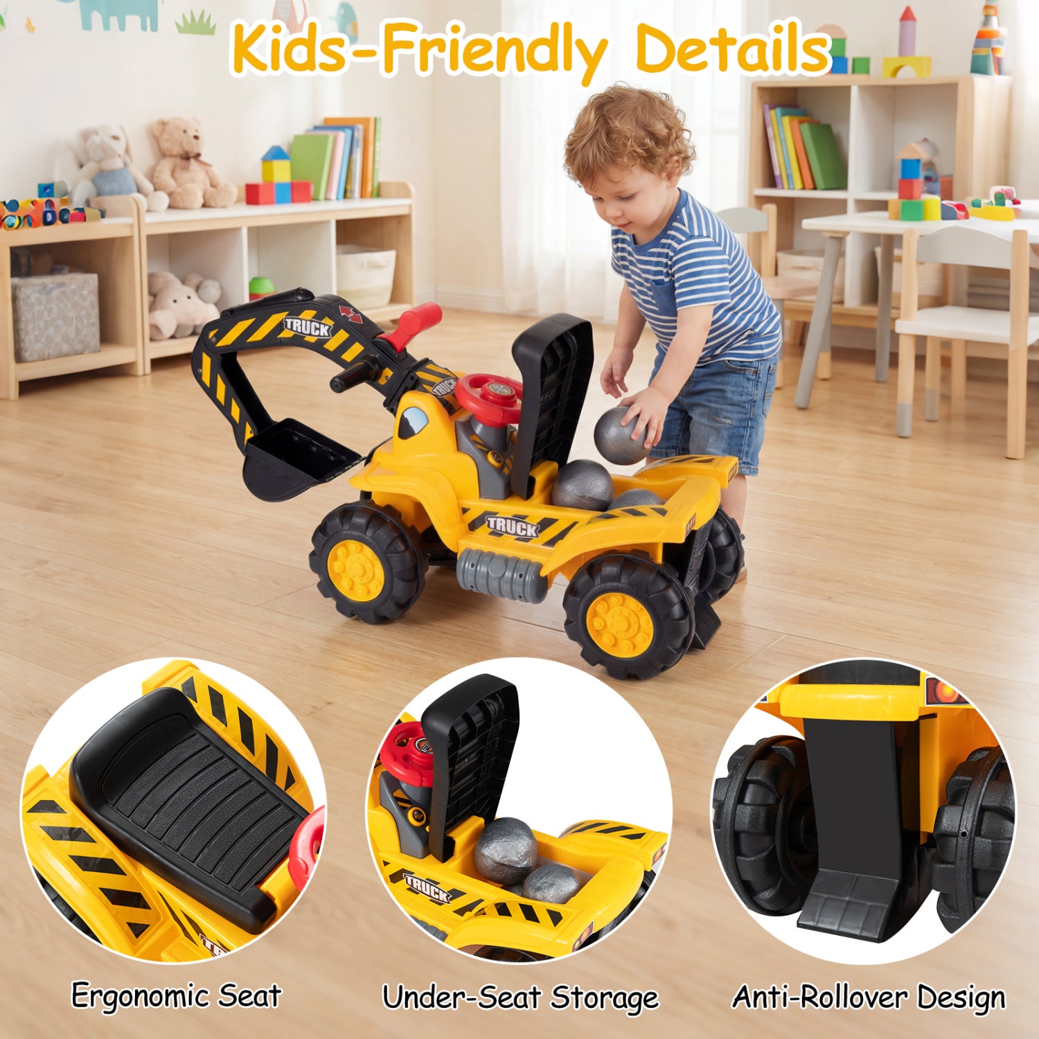 3-in-1 Ride on Excavator Bulldozer Detachable with Engine Sound and Helmet, Yellow Push & Pedal Ride On Toys at Gallery Canada