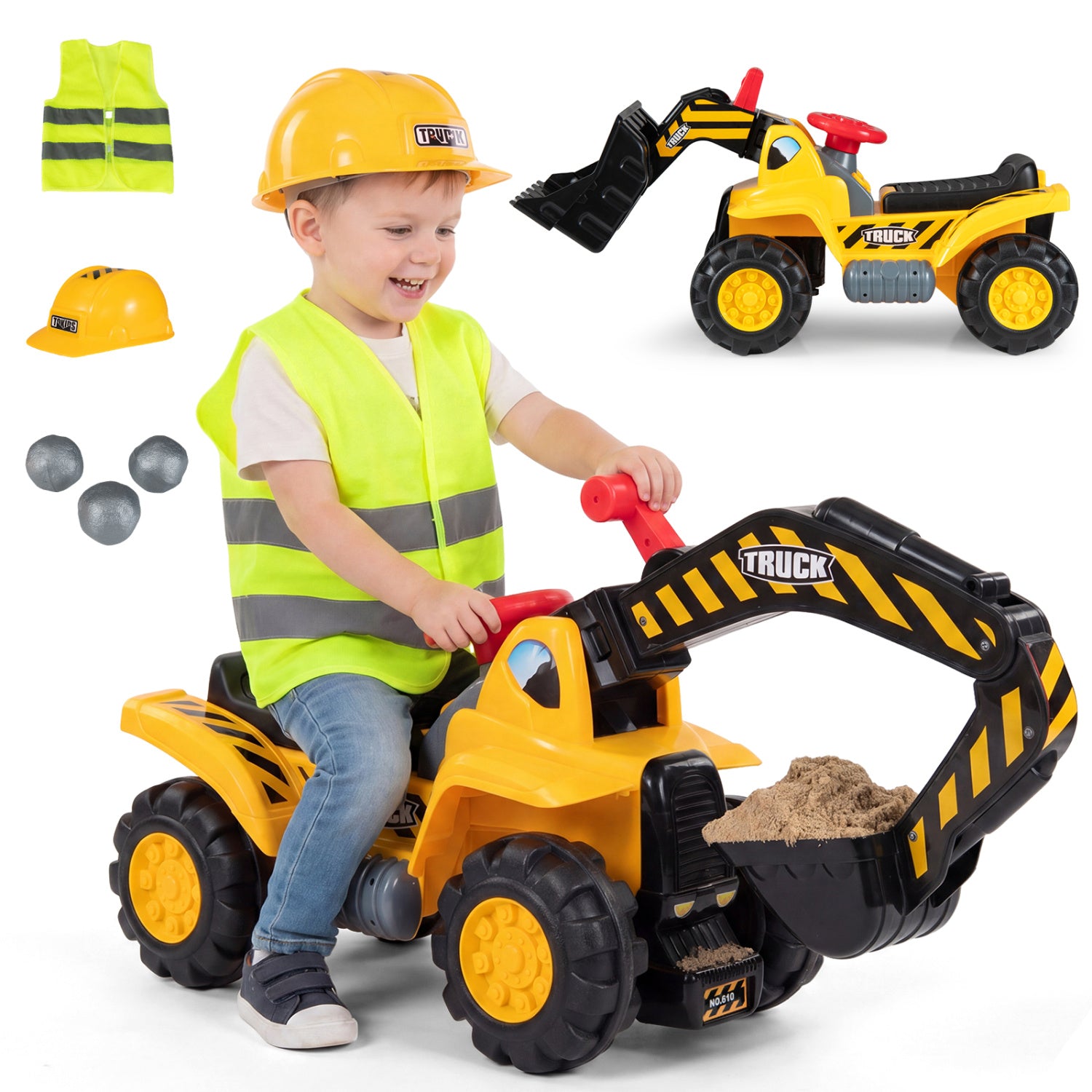 3-in-1 Ride on Excavator Bulldozer Detachable with Engine Sound and Helmet, Yellow Push & Pedal Ride On Toys at Gallery Canada