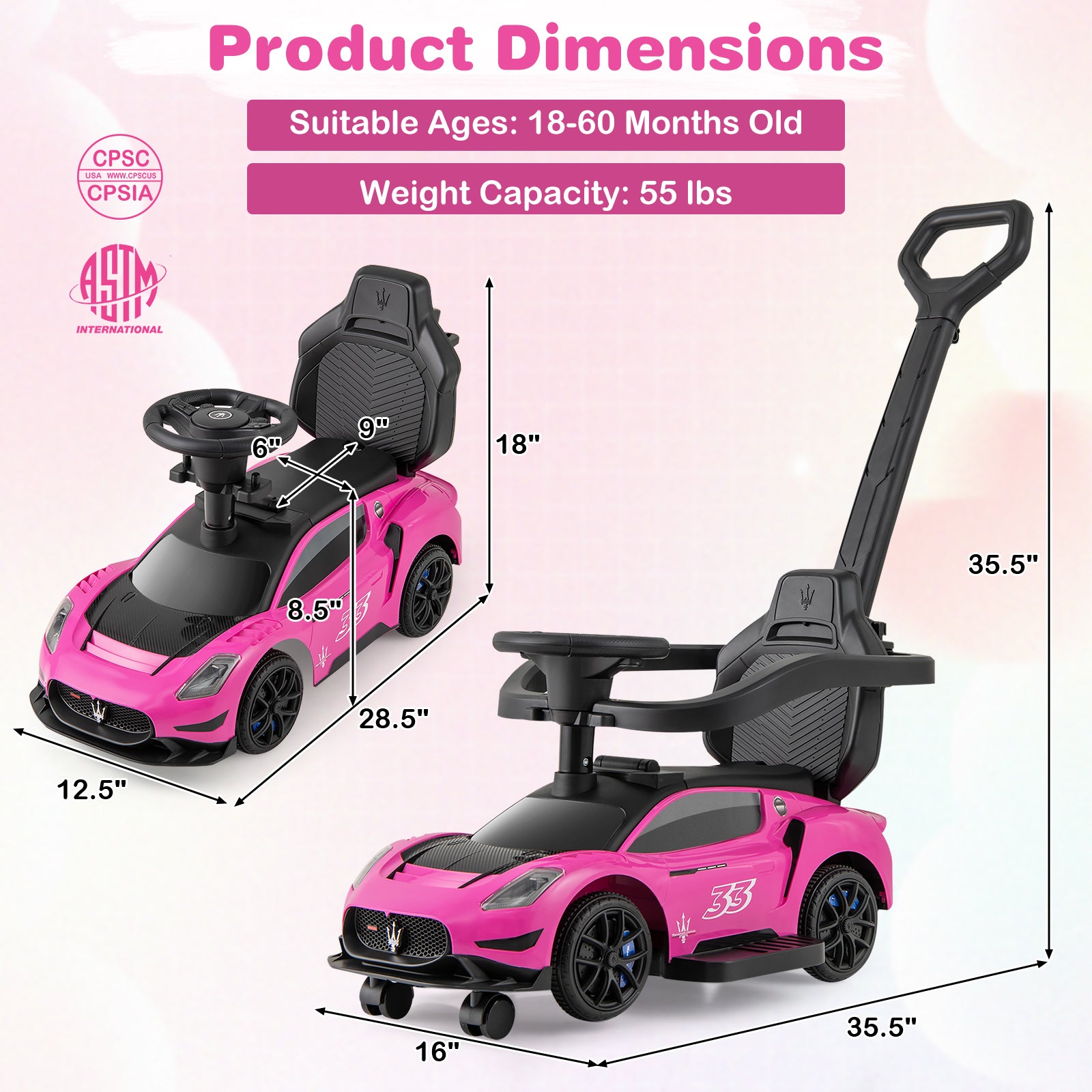 3-in-1 Ride on Push Car Maserati Licensed Sliding Car with Music, Pink Push & Pedal Ride On Toys at Gallery Canada