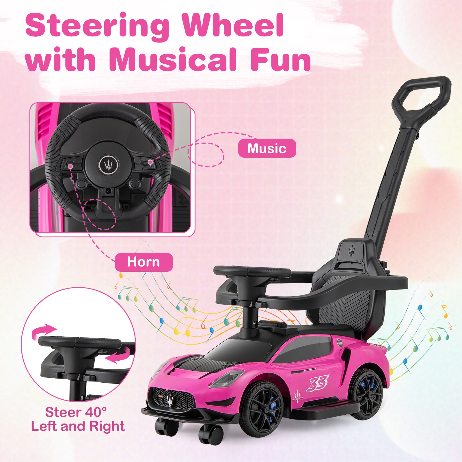 3-in-1 Ride on Push Car Maserati Licensed Sliding Car with Music, Pink Push & Pedal Ride On Toys at Gallery Canada