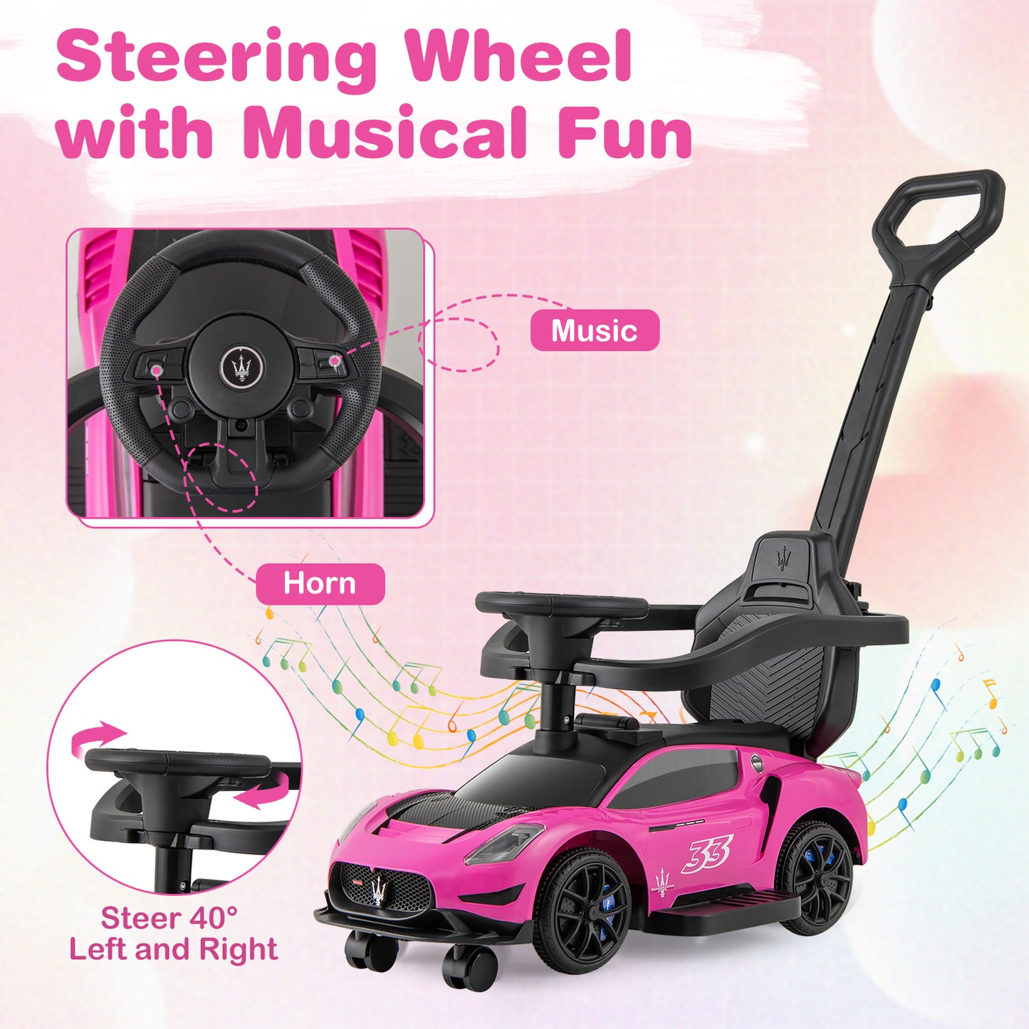 3-in-1 Ride on Push Car Maserati Licensed Sliding Car with Music, Pink Push & Pedal Ride On Toys at Gallery Canada