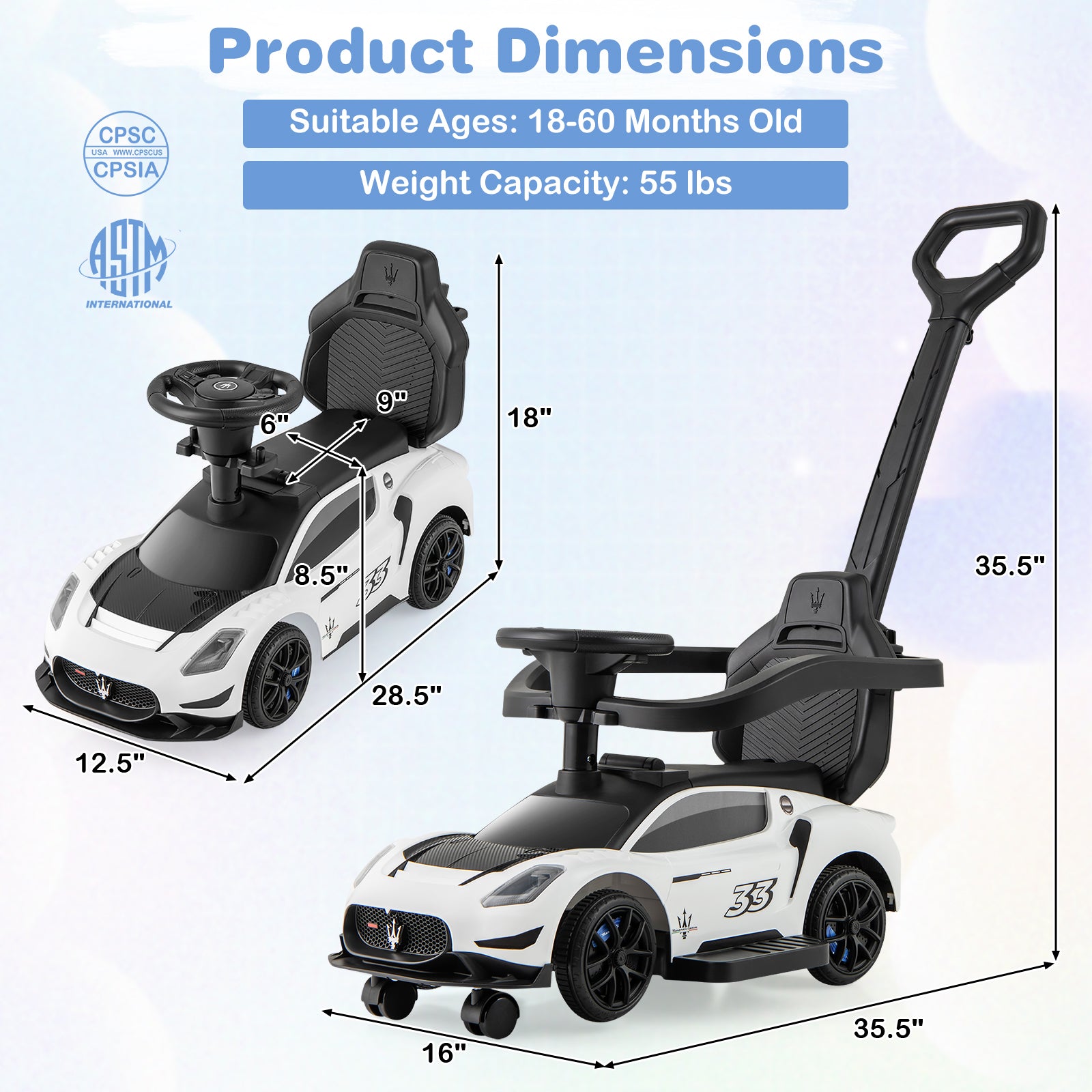 3-in-1 Ride on Push Car Maserati Licensed Sliding Car with Music, White Push & Pedal Ride On Toys at Gallery Canada