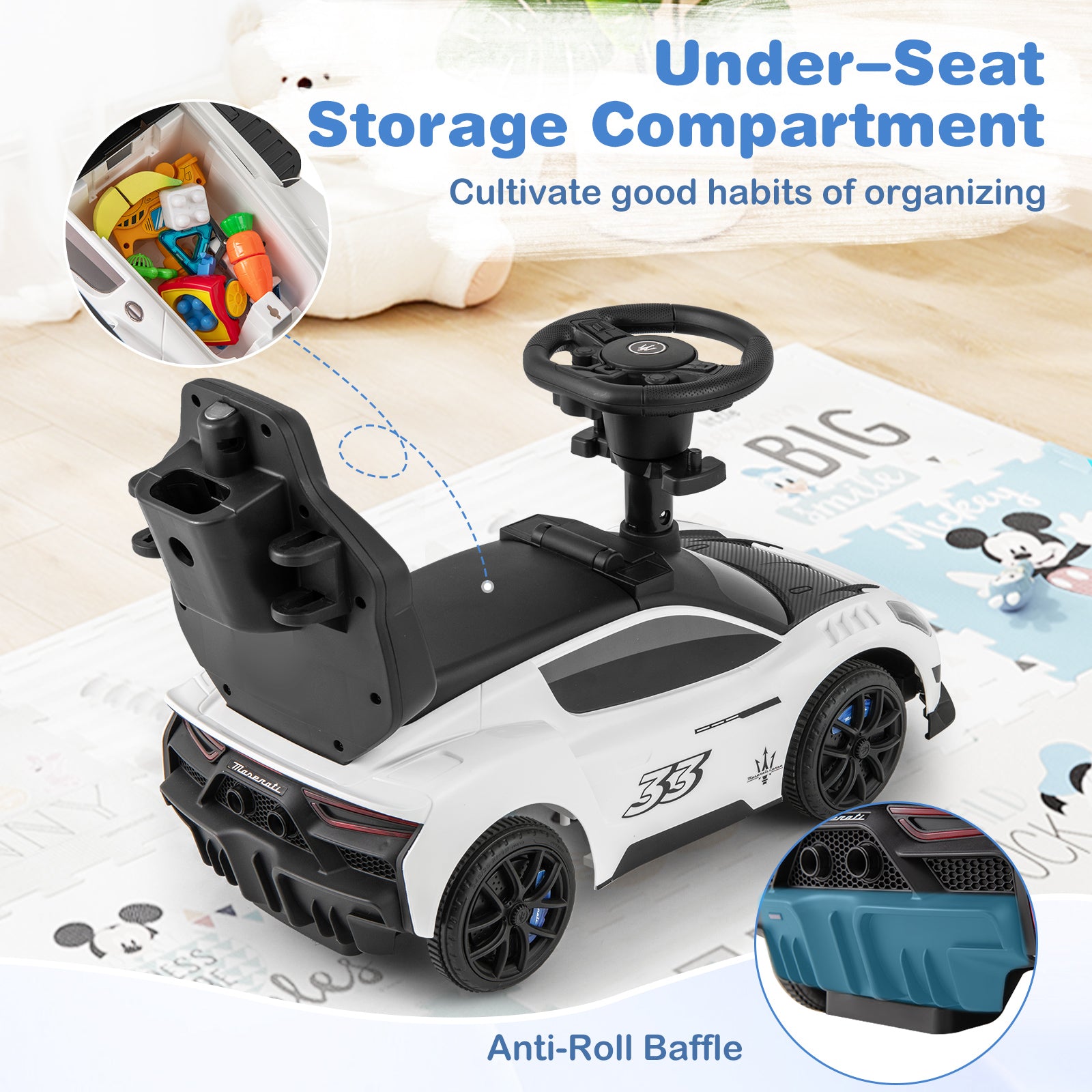 3-in-1 Ride on Push Car Maserati Licensed Sliding Car with Music, White Push & Pedal Ride On Toys at Gallery Canada