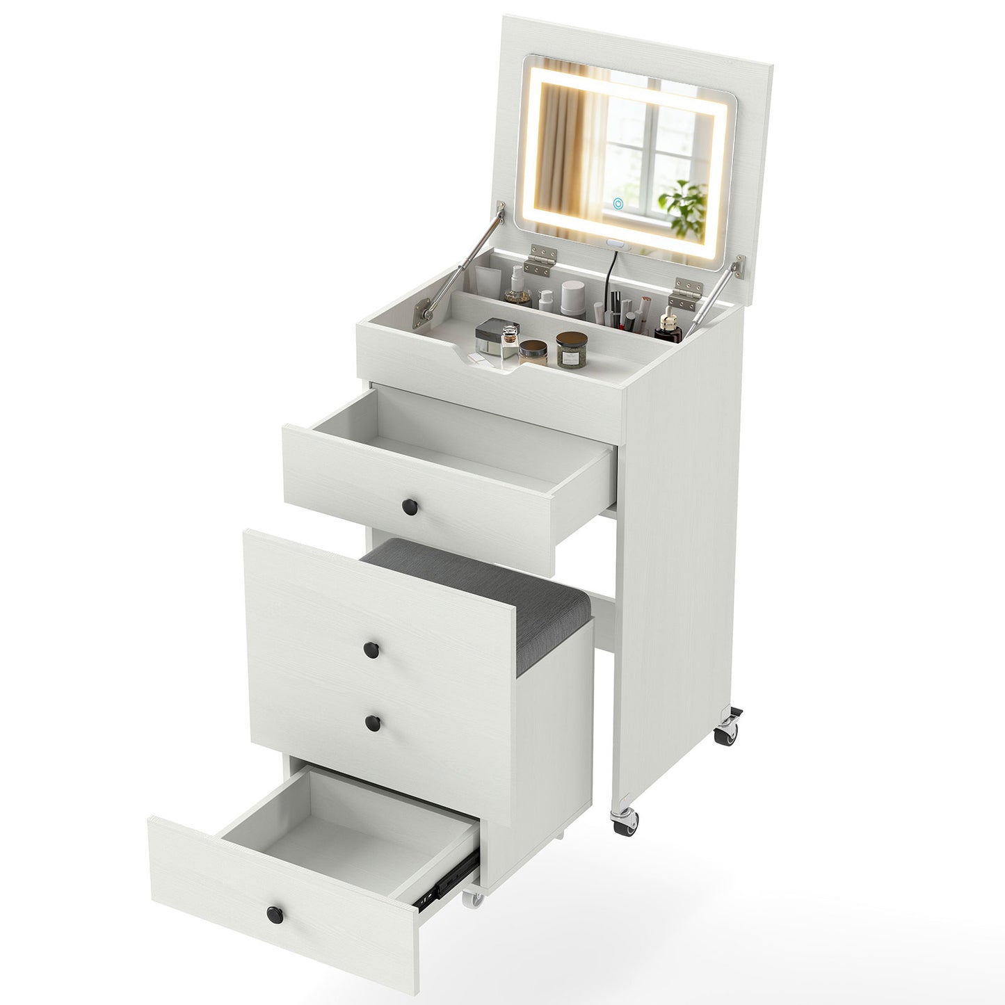 3-in-1 Small Vanity Desk Set with Flip-top Mirror and Lights with Drawers and Stool, White