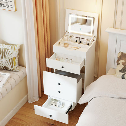3-in-1 Small Vanity Desk Set with Flip-top Mirror and Lights with Drawers and Stool, White