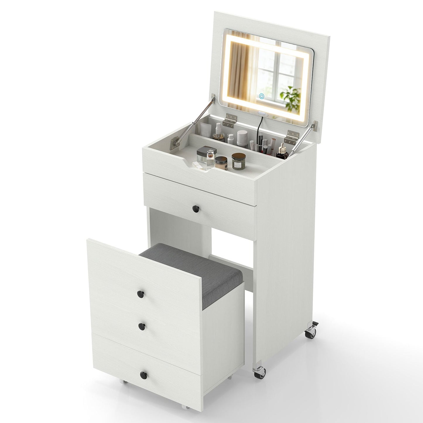 3-in-1 Small Vanity Desk Set with Flip-top Mirror and Lights with Drawers and Stool, White Makeup Vanities at Gallery Canada