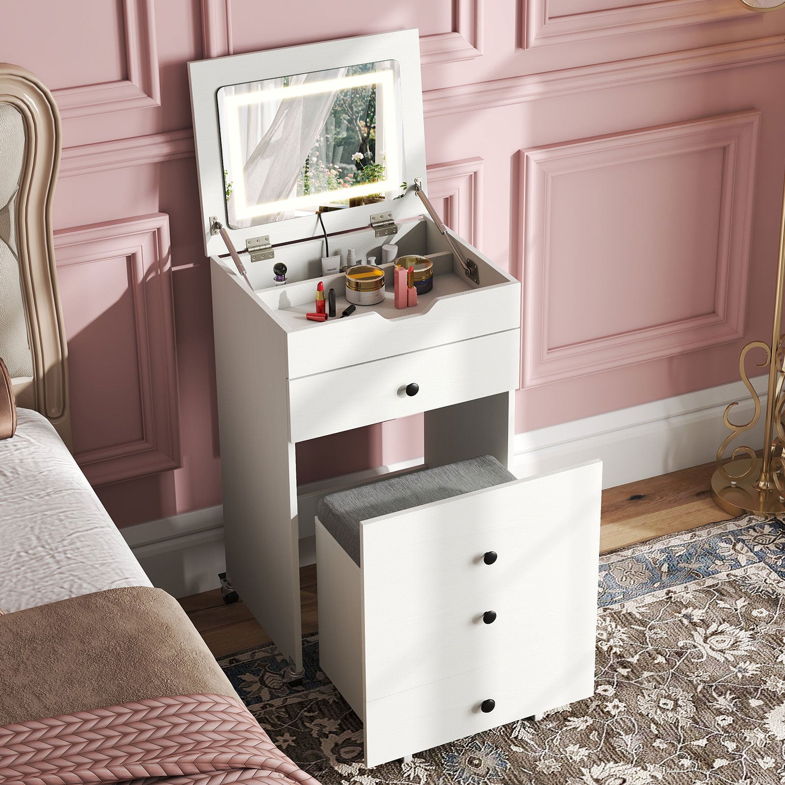 3-in-1 Small Vanity Desk Set with Flip-top Mirror and Lights with Drawers and Stool, White Makeup Vanities at Gallery Canada