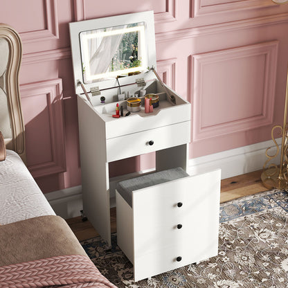 3-in-1 Small Vanity Desk Set with Flip-top Mirror and Lights with Drawers and Stool, White Makeup Vanities at Gallery Canada