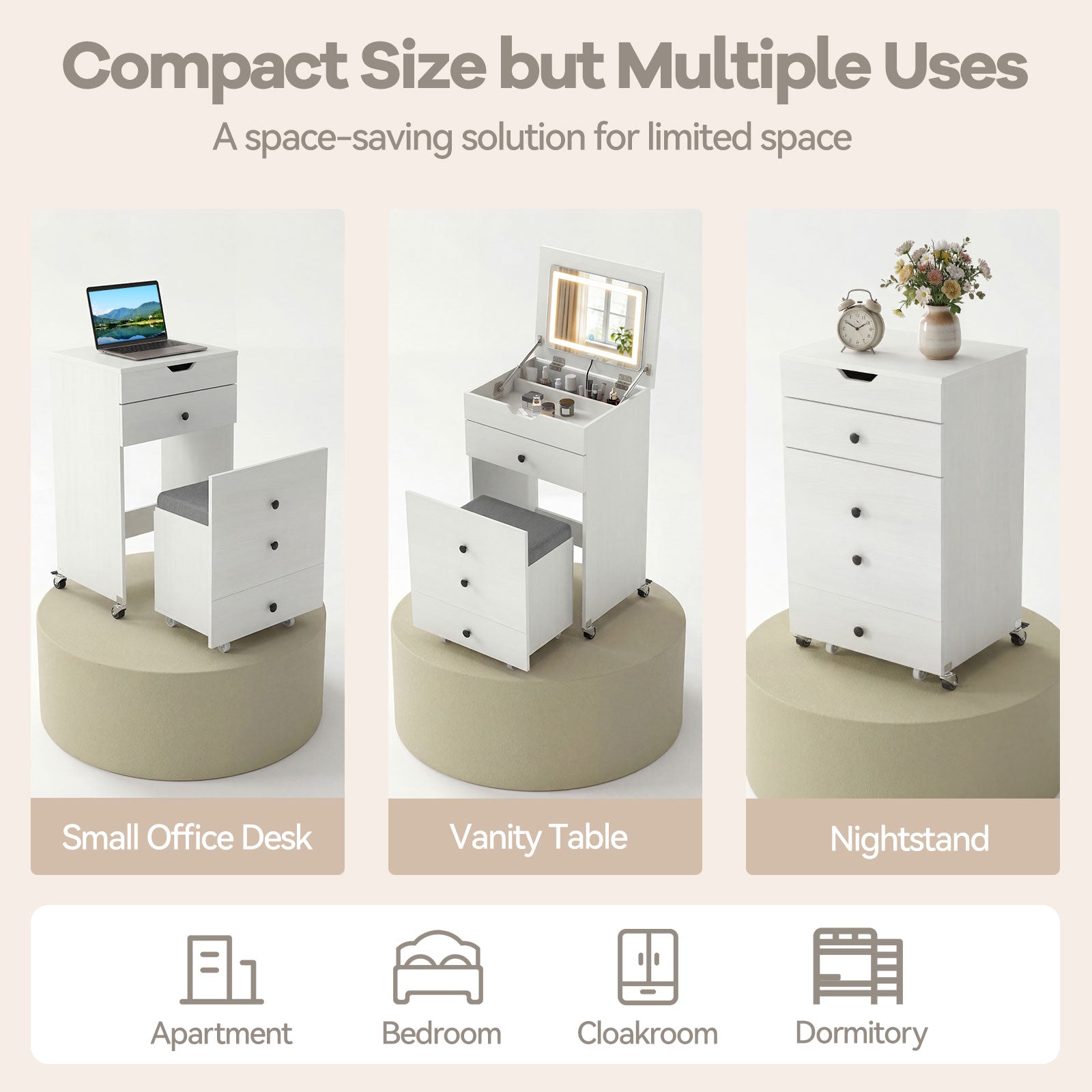 3-in-1 Small Vanity Desk Set with Flip-top Mirror and Lights with Drawers and Stool, White Makeup Vanities at Gallery Canada