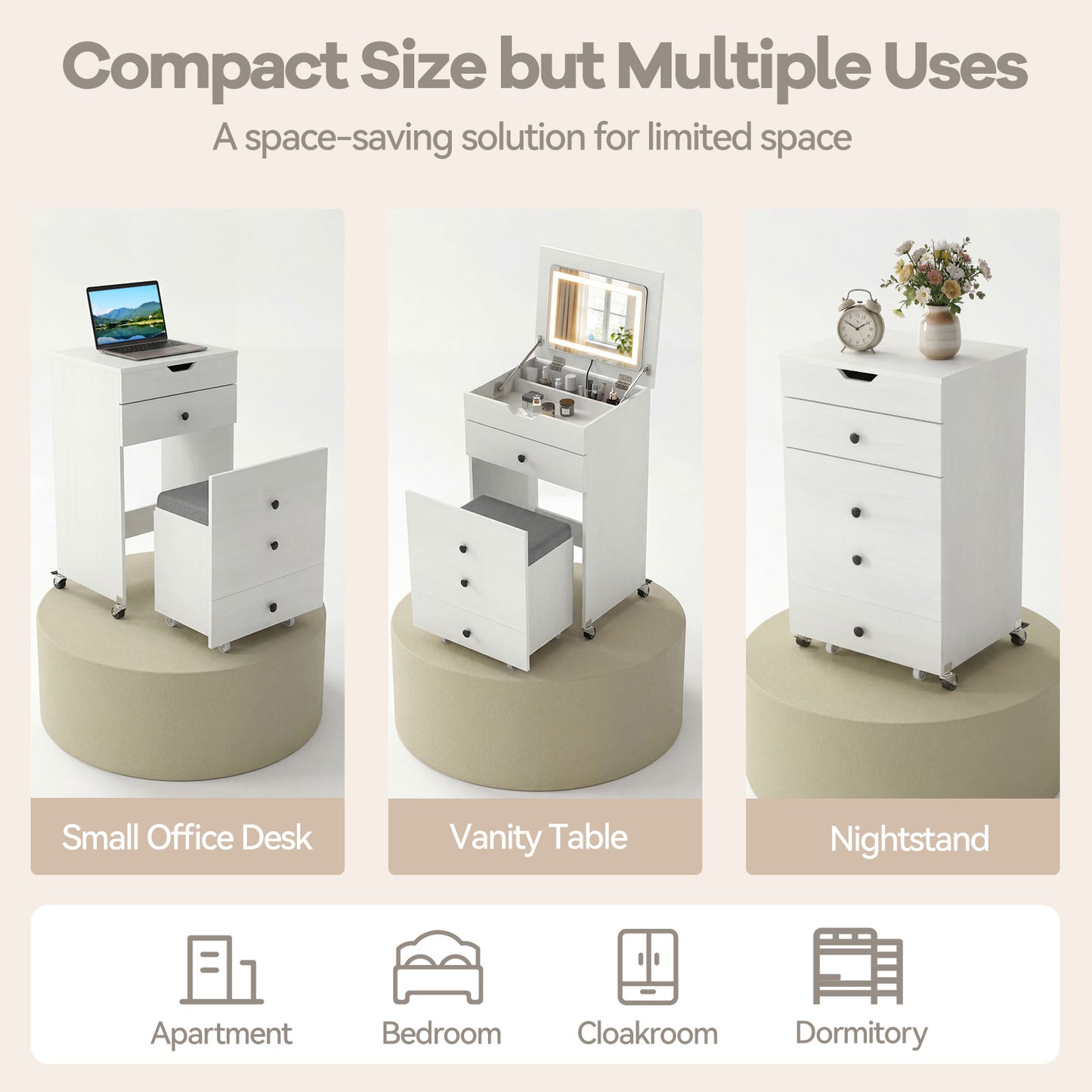 3-in-1 Small Vanity Desk Set with Flip-top Mirror and Lights with Drawers and Stool, White Makeup Vanities at Gallery Canada