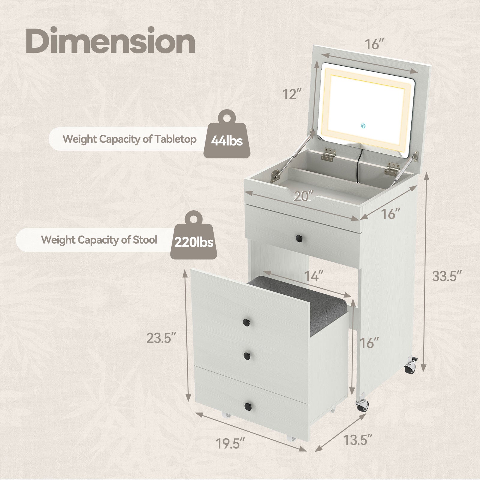 3-in-1 Small Vanity Desk Set with Flip-top Mirror and Lights with Drawers and Stool, White Makeup Vanities at Gallery Canada