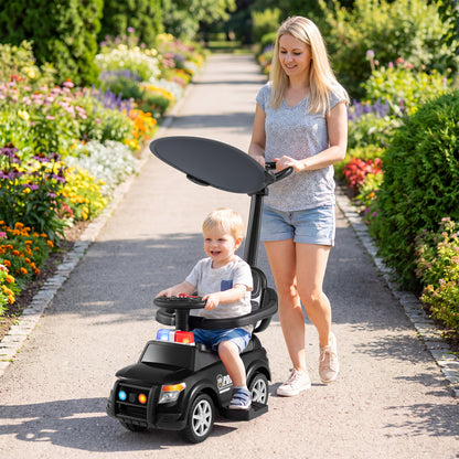 3-in-1 Toddler Push Car, Handle Canopy Siren, Black