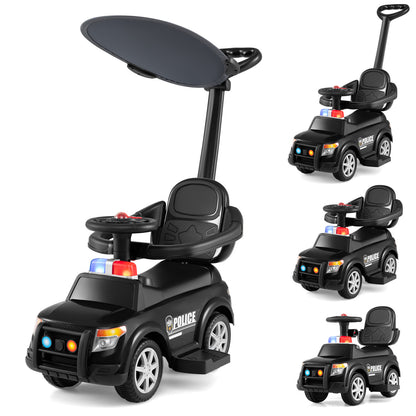 3-in-1 Toddler Push Car, Handle Canopy Siren, Black