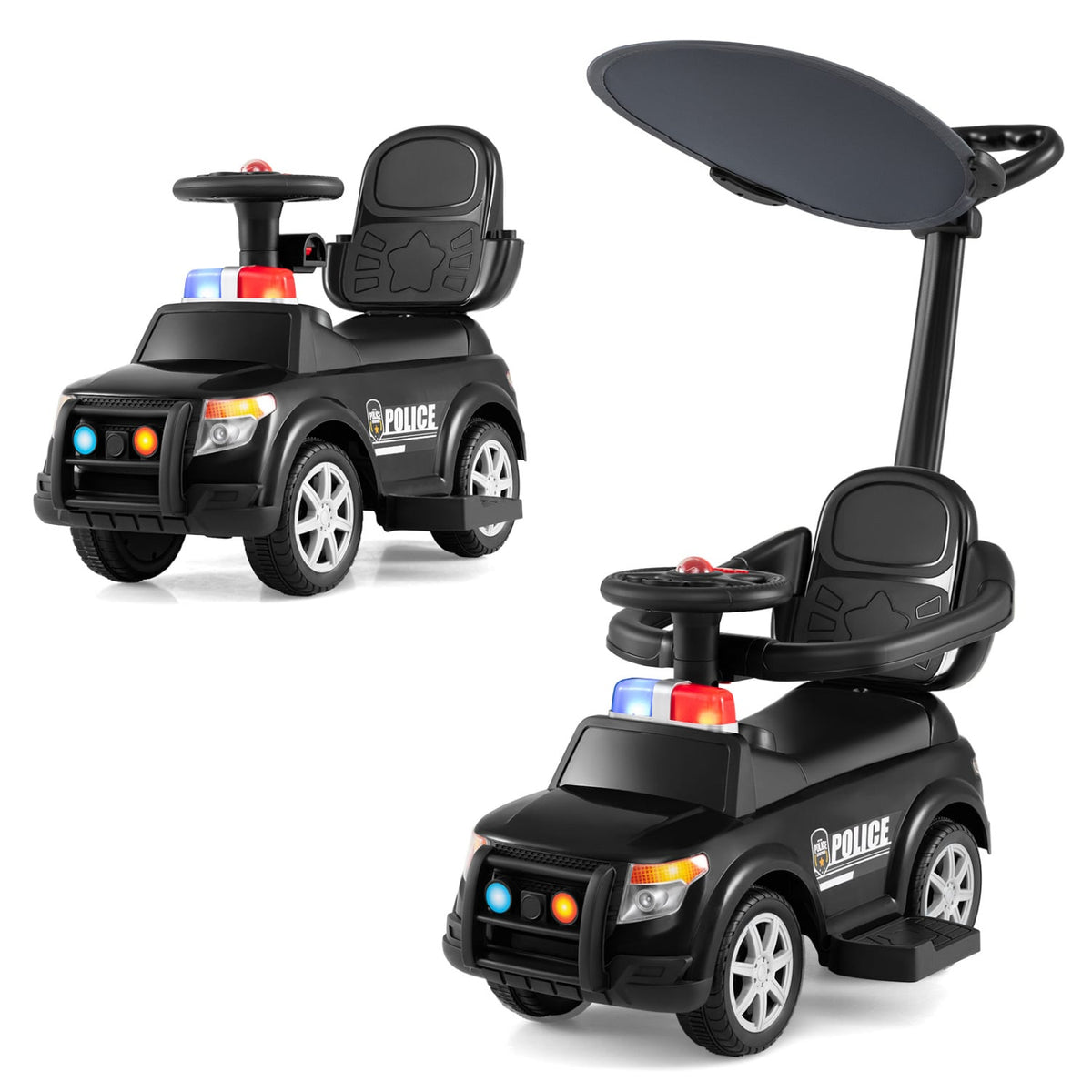 3-in-1 Toddler Push Car, Handle Canopy Siren, Black