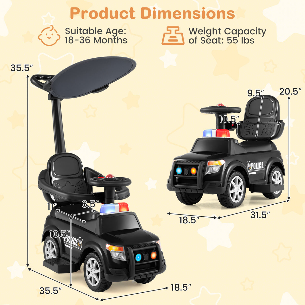3-in-1 Toddler Push Car, Handle Canopy Siren, Black
