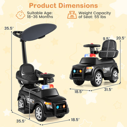3-in-1 Toddler Push Car, Handle Canopy Siren, Black