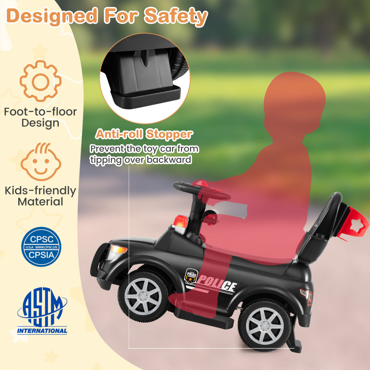 3-in-1 Toddler Push Car, Handle Canopy Siren, Black