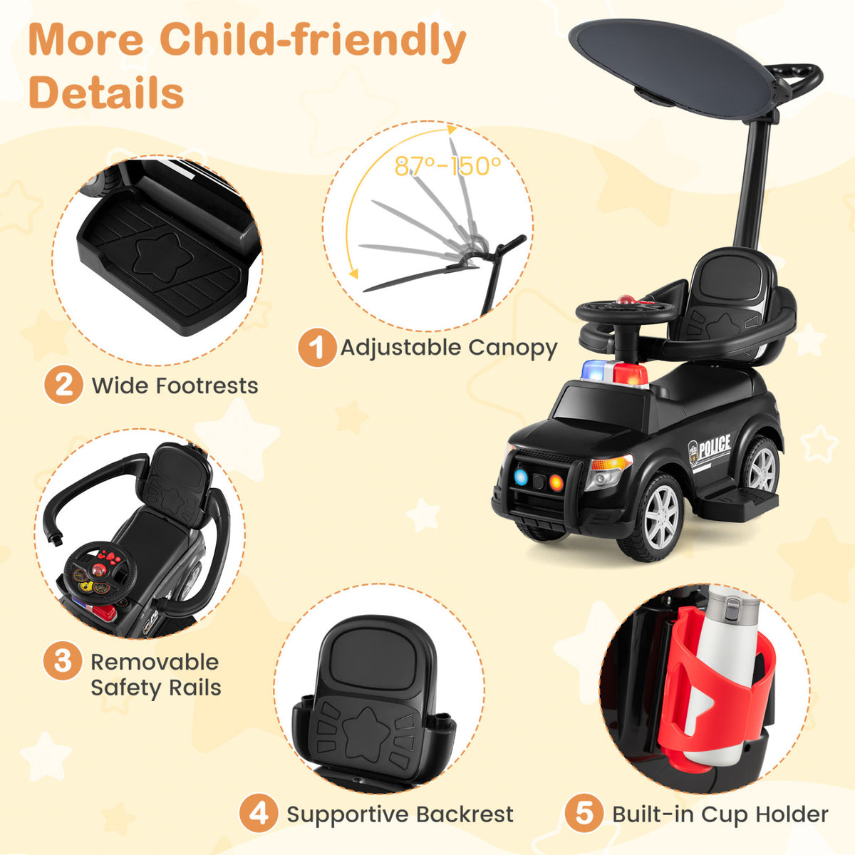 3-in-1 Toddler Push Car, Handle Canopy Siren, Black