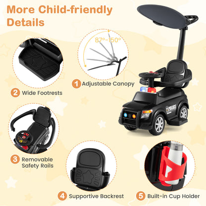 3-in-1 Toddler Push Car, Handle Canopy Siren, Black