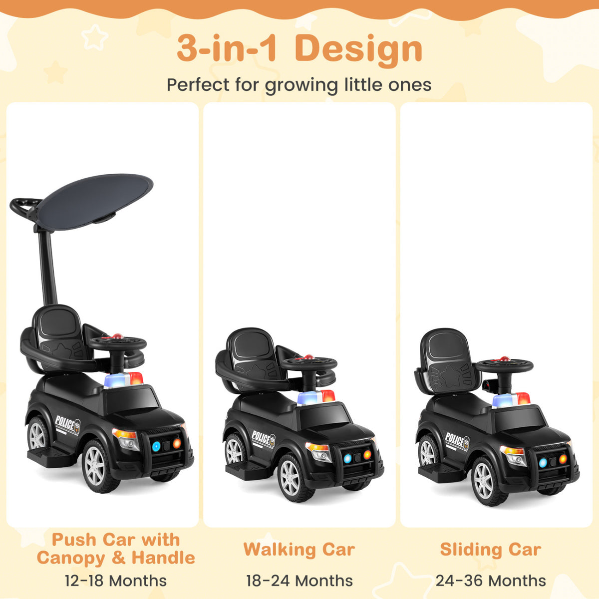3-in-1 Toddler Push Car, Handle Canopy Siren, Black