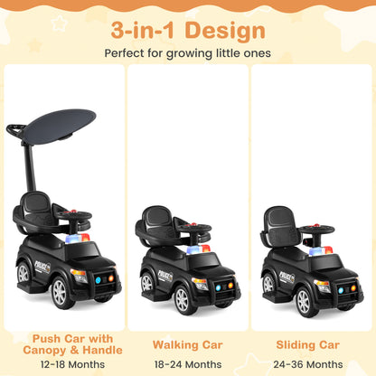3-in-1 Toddler Push Car, Handle Canopy Siren, Black