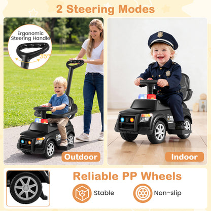 3-in-1 Toddler Push Car, Handle Canopy Siren, Black