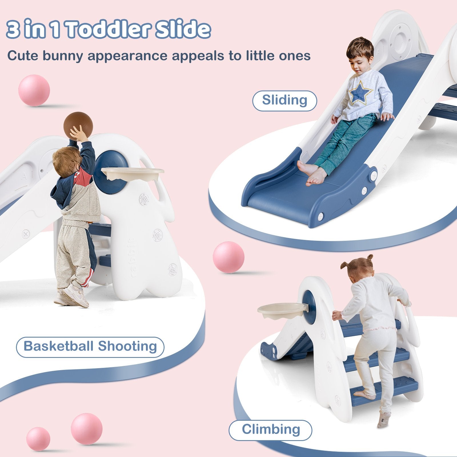 3 in 1 Toddler Slide Baby Slide Climber Playset with Basketball Hoop and Basketball, Blue Climbers & Slides at Gallery Canada