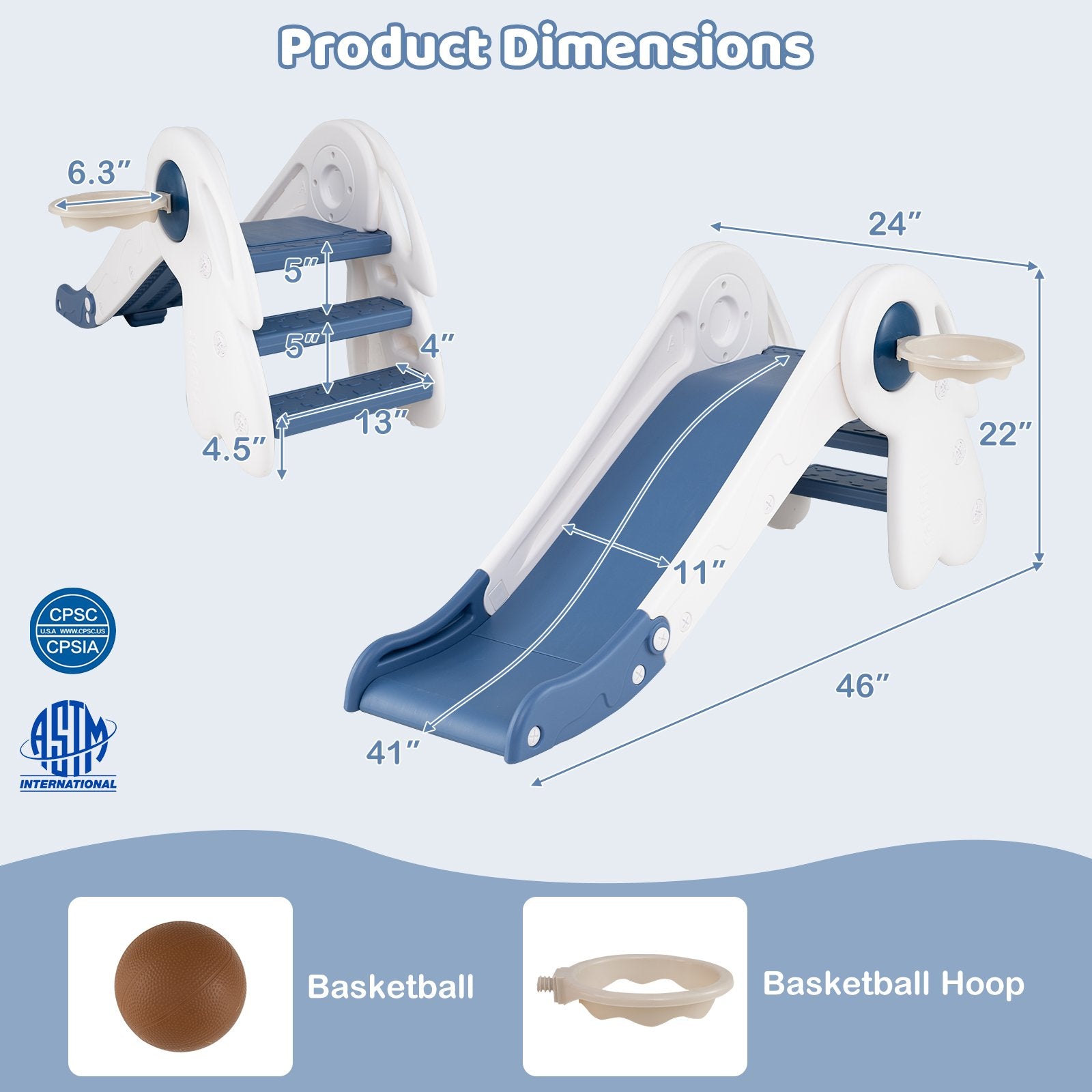 3 in 1 Toddler Slide Baby Slide Climber Playset with Basketball Hoop and Basketball, Blue Climbers & Slides at Gallery Canada