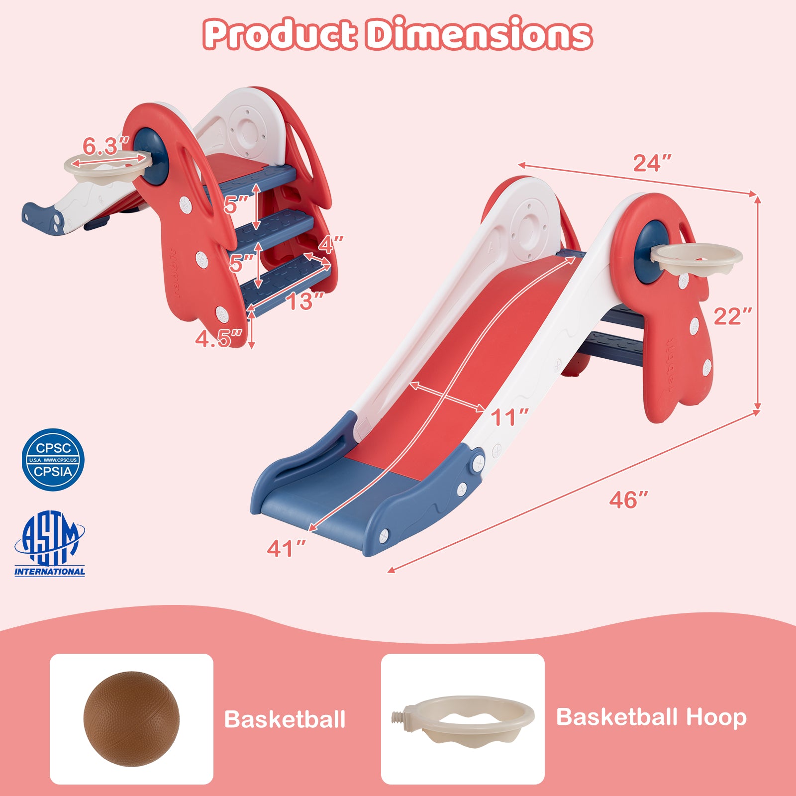 3 in 1 Toddler Slide Baby Slide Climber Playset with Basketball Hoop and Basketball, Red Climbers & Slides at Gallery Canada