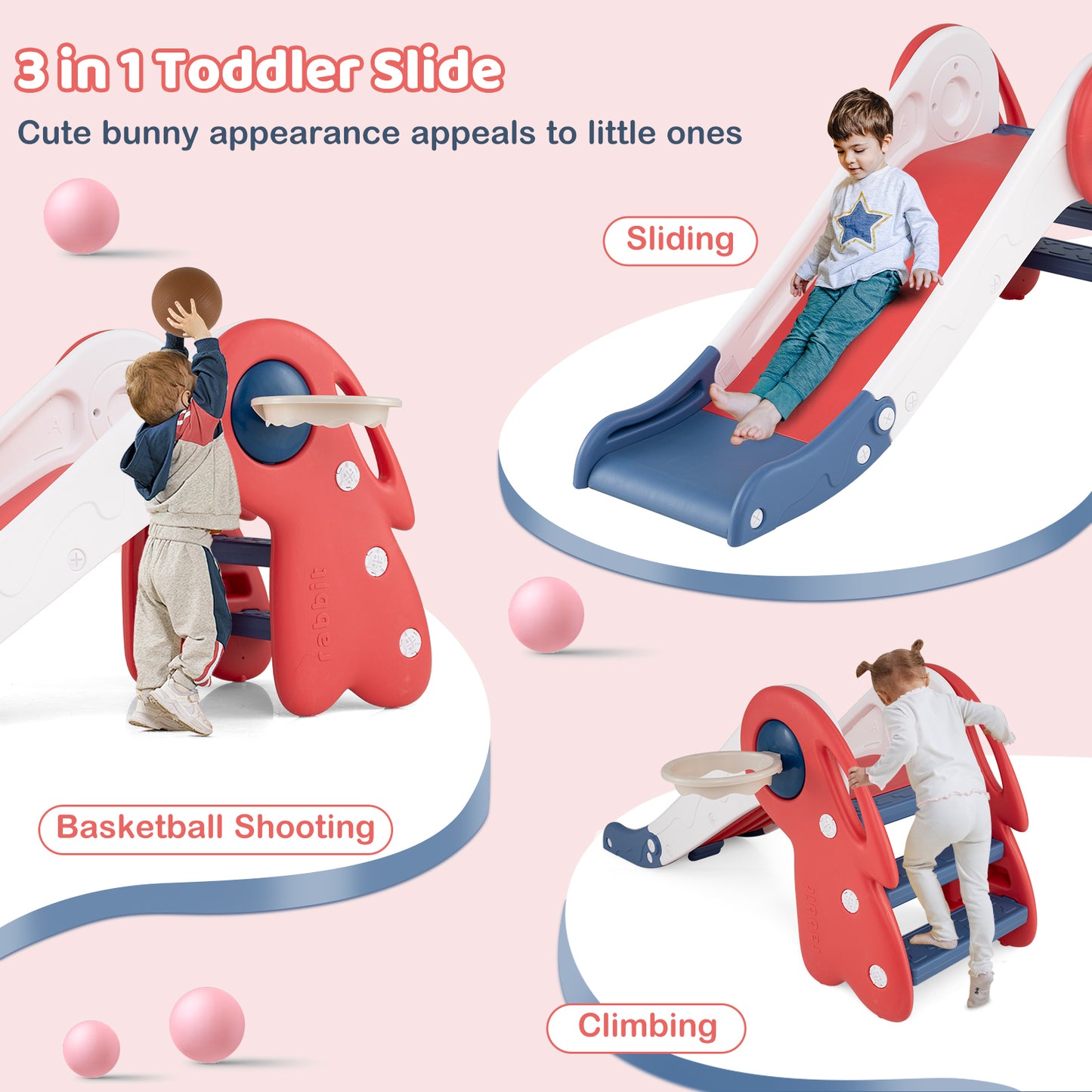 3 in 1 Toddler Slide Baby Slide Climber Playset with Basketball Hoop and Basketball, Red Climbers & Slides at Gallery Canada